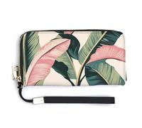 Jubonexis Portefeuille long à deux volets en cuir synthétique avec motif feuilles de bananier rose et vert, porte-monnaie, porte-monnaie, porte-cartes et argent pour homme et femme