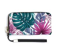 Jubonexis Portefeuille long à deux volets en cuir synthétique avec motif feuilles de palmier et monstera rose et vert - Porte-monnaie - Porte-monnaie - Pour homme et femme