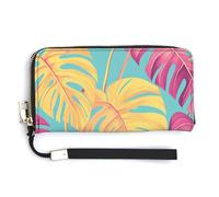 Jubonexis Portefeuille long à deux volets en cuir synthétique avec motif feuilles Monstera - Style bohème - Pour pièces de monnaie et cartes de crédit - Pour homme et femme