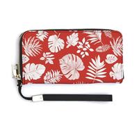 Jubonexis Portefeuille long à deux volets en cuir synthétique avec motif feuilles tropicales Monstera Banane sur fond rouge, porte-monnaie, carte de crédit, porte-cartes et argent pour homme et femme