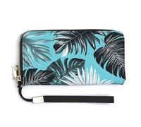 Jubonexis Portefeuille long à deux volets en cuir synthétique avec motif feuilles tropicales noir et blanc pastel, porte-monnaie, carte de crédit, rangement de l'argent pour homme et femme