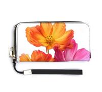 Jubonexis Portefeuille long à deux volets en cuir synthétique avec motif fleurs de cosmos orange et rose, porte-monnaie, porte-monnaie, porte-cartes et argent pour homme et femme