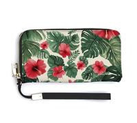Jubonexis Portefeuille long à deux volets en cuir synthétique avec motif fleurs d'hibiscus roses, feuilles de monstera vertes, porte-monnaie, carte de crédit, porte-cartes et argent pour homme et