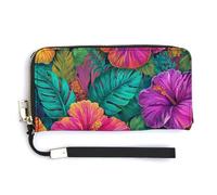 Jubonexis Portefeuille long à deux volets en cuir synthétique avec motif fleurs tropicales, feuilles, hibiscus monstera, porte-monnaie, carte de crédit, porte-cartes et argent pour homme et femme