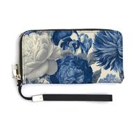 Jubonexis Portefeuille long à deux volets en cuir synthétique avec motif floral bleu et blanc avec roses pivoines, porte-monnaie, carte de crédit, rangement pour cartes et argent pour homme et femme