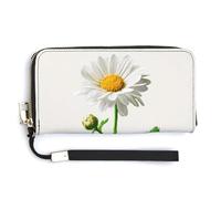 Jubonexis Portefeuille long à deux volets en cuir synthétique avec motif marguerite blanche avec tiges et feuilles aquarelles, porte-monnaie, porte-cartes et argent pour homme et femme