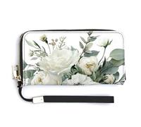 Jubonexis Portefeuille long à deux volets en cuir synthétique avec motif roses blanches eucalyptus et vert sauge doux pour pièces de monnaie, cartes de crédit, porte-cartes et argent pour homme et