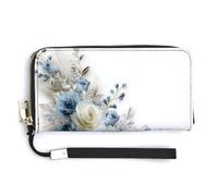 Jubonexis Portefeuille long à deux volets en cuir synthétique avec motif roses bleues et argentées et blanches, porte-monnaie, porte-monnaie, porte-cartes et argent pour homme et femme