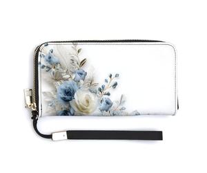 Jubonexis Portefeuille long à deux volets en cuir synthétique avec motif roses bleues et argentées et blanches, porte-monnaie, porte-monnaie, porte-cartes et argent pour homme et femme