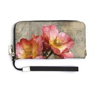 Jubonexis Portefeuille long à deux volets en cuir synthétique avec motif roses d'automne sur papier journal vintage pour pièces de monnaie, carte de crédit, porte-cartes, argent pour homme et femme