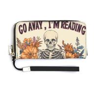 Jubonexis Portefeuille long à deux volets en cuir synthétique avec motif squelette pour lire un livre, fleur, porte-monnaie, carte de crédit, stockage de l'argent pour homme et femme