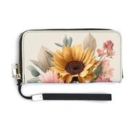 Jubonexis Portefeuille long à deux volets en cuir synthétique avec motif tournesol rose gerbera et roses beiges pour pièces de monnaie, cartes de crédit, porte-cartes et argent pour homme et femme