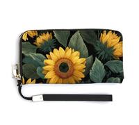 Jubonexis Portefeuille long à deux volets en cuir synthétique avec motif tournesols jaunes et feuilles vertes pour pièces de monnaie, cartes de crédit, porte-cartes et argent pour homme et femme