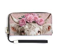 Jubonexis Portefeuille long à deux volets en cuir synthétique avec motif vache des Highlands avec roses roses, porte-monnaie, carte de crédit, porte-cartes et argent pour homme et femme