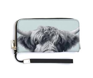 Jubonexis Portefeuille long à deux volets en cuir synthétique avec motif vache des Highlands portant une chemise bleue, porte-monnaie, carte de crédit, stockage d'argent durable pour homme et femme
