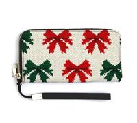Jubonexis Portefeuille long à deux volets en cuir synthétique avec nœuds rouges et verts sur pull crème pour pièces de monnaie, cartes de crédit, stockage d'argent pour homme et femme