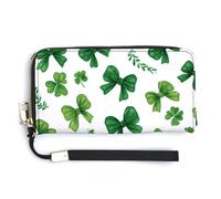 Jubonexis Portefeuille long à deux volets en cuir synthétique avec nœuds verts et trèfle - Porte-monnaie - Porte-monnaie - Durable - Pour homme et femme