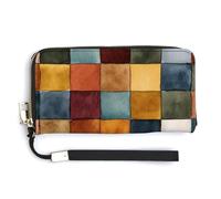 Jubonexis Portefeuille long à deux volets en cuir synthétique avec patchs aquarelle, motif quadrillé, rouille, olive, bleu marine, porte-monnaie, porte-monnaie, porte-cartes et argent pour homme et