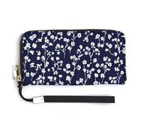 Jubonexis Portefeuille long à deux volets en cuir synthétique avec petites fleurs blanches sur une pochette bleu marine, porte-monnaie, carte de crédit, rangement durable pour homme et femme
