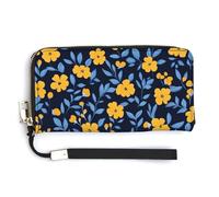 Jubonexis Portefeuille long à deux volets en cuir synthétique avec petites fleurs jaunes avec feuilles bleues, porte-monnaie, carte de crédit, porte-cartes et argent pour homme et femme