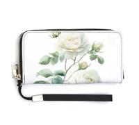 Jubonexis Portefeuille long à deux volets en cuir synthétique avec roses blanches et feuilles pour pièces de monnaie, cartes de crédit, porte-cartes et argent pour homme et femme