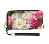 Jubonexis Portefeuille long à deux volets en cuir synthétique avec roses roses et blanches impressionnistes pour pièces de monnaie, cartes de crédit, stockage d'argent pour homme et femme