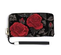 Jubonexis Portefeuille long à deux volets en cuir synthétique avec roses rouges gothiques, porte-monnaie, carte de crédit, stockage d'argent pour homme et femme