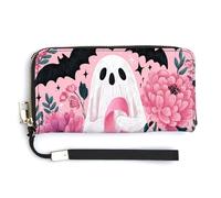 Jubonexis Portefeuille long à deux volets en cuir synthétique avec ruban de sensibilisation au cancer du sein rose fantôme, porte-monnaie, carte de crédit, porte-cartes et argent pour homme et femme