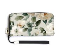 Jubonexis Portefeuille long à deux volets en cuir synthétique doux avec roses crème et fleurs blanches, porte-monnaie, porte-monnaie, porte-cartes et argent pour homme et femme