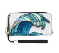 Jubonexis Portefeuille long à deux volets en cuir synthétique en forme de croissant de lune et vague d'océan, porte-monnaie, porte-monnaie, porte-cartes et argent pour homme et femme