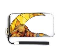 Jubonexis Portefeuille long à deux volets en cuir synthétique motif teckel reposant sur un croissant de lune jaune, porte-monnaie, carte de crédit, rangement de l'argent pour homme et femme
