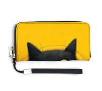 Jubonexis Portefeuille long à deux volets en cuir synthétique noir avec motif chat noir qui regarde le regard de la carte, porte-monnaie, carte de crédit, stockage de l'argent pour homme et femme