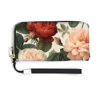 Jubonexis Portefeuille long à deux volets en cuir synthétique souple avec motif pivoines et roses - Pour pièces de monnaie et cartes de crédit - Pour homme et femme