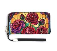 Jubonexis Portefeuille long à deux volets en similicuir avec roses en verre teinté pour pièces de monnaie, carte de crédit, stockage d'argent pour homme et femme