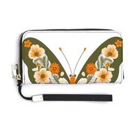 Jubonexis Portefeuille rétro à deux volets en cuir synthétique avec motif fleurs oranges et papillons verts pour pièces de monnaie et cartes de crédit pour homme et femme