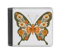 Jubonexis Portefeuille rétro à deux volets en cuir synthétique souple avec motif fleurs oranges et papillons verts pour cartes de crédit pour homme et femme