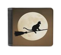 Jubonexis Portefeuille rétro à deux volets en cuir synthétique souple avec silhouette de chat noir sur balai pour pièces de monnaie, carte de crédit, porte-cartes fin pour homme et femme