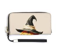 Jubonexis Portefeuille rétro effrayant en cuir synthétique avec citrouille d'Halloween avec chapeau de sorcière, long portefeuille à deux volets, porte-monnaie, carte de crédit, porte-cartes durable