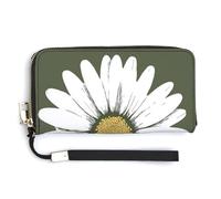 Jubonexis Portefeuille simple à deux volets en cuir synthétique avec marguerite blanche sur vert olive - Porte-monnaie - Durable - Porte-cartes - Pour homme et femme