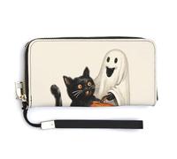 Jubonexis Portefeuille vintage à deux volets en cuir synthétique avec motif chat fantôme tenant une citrouille - Porte-monnaie - Durable - Pour homme et femme