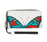 Jubonexis Portefeuille vintage années 70 en cuir PU avec ailes papillon bleu fluo orange long portefeuille à deux volets, porte-monnaie, carte de crédit, rangement de l'argent pour femmes et hommes