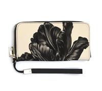 Jubonexis Portefeuille vintage botanique noir perroquet tulipe en cuir PU long portefeuille à deux volets, porte-monnaie, carte de crédit, porte-cartes, stockage d'argent pour homme et femme