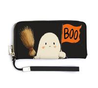 Jubonexis Portefeuille vintage d'Halloween fantôme tenant un balai citrouille en cuir synthétique long portefeuille à deux volets, porte-monnaie, carte de crédit, porte-cartes, stockage d'argent pour