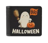 Jubonexis Portefeuille vintage Halloween fantôme tenant un balai citrouille en cuir synthétique souple à deux volets, porte-monnaie, carte de crédit, porte-cartes durable pour hommes et femmes