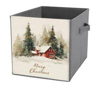 Jubonexis Red House in the Snow Cubes de rangement pliables en tissu décoratif avec poignées pour étagères, placards, 27 x 27 cm