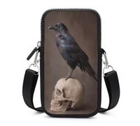 Jubonexis Sac à bandoulière pour téléphone portable et smartphone avec bandoulière réglable Motif corbeau perché sur le dessus d'un crâne
