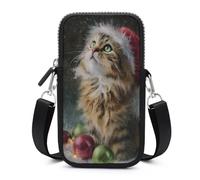 Jubonexis Sac à bandoulière pour téléphone portable ou smartphone avec sangle réglable Motif chat de Noël portant un chapeau de Père Noël