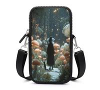 Jubonexis Sac à bandoulière pour téléphone portable, smartphone avec sangle réglable Motif chat noir dans la forêt, fleurs et champignons