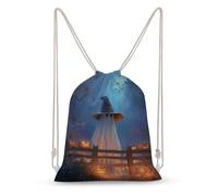 Jubonexis Sac à dos en toile avec cordon de serrage, motif fantôme d'Halloween perché derrière une clôture en bois, sac de sport léger pour homme et femme