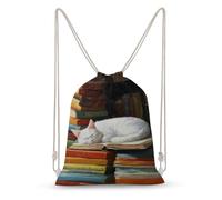 Jubonexis Sac à dos léger en toile avec cordon de serrage Motif chat blanc endormi sur un livre ouvert Pour homme et femme